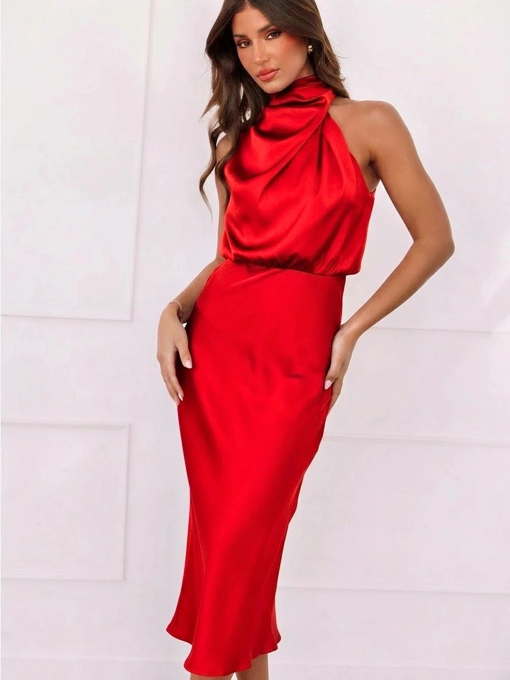 PETAL & PUP Red Satin Halter Maxi Dress